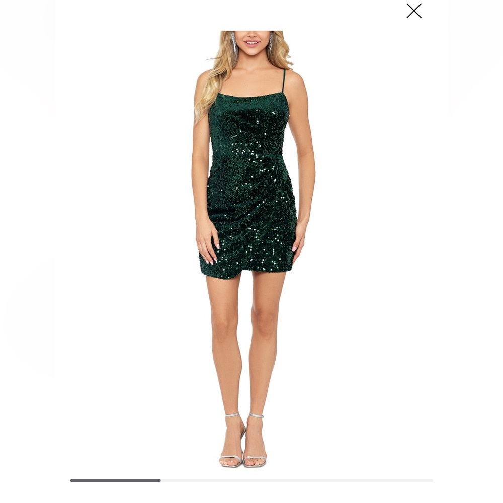 Betsy & Adam Dark Green Sequin Mini Dress - Picture 1 of 10